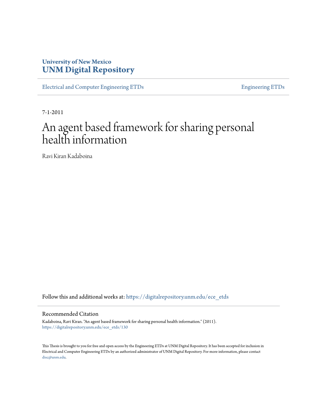 An Agent Based Framework for Sharing Personal Health Information Ravi Kiran Kadaboina