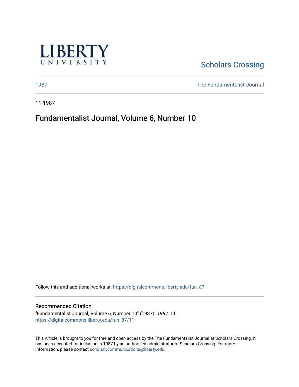 Fundamentalist Journal, Volume 6, Number 10