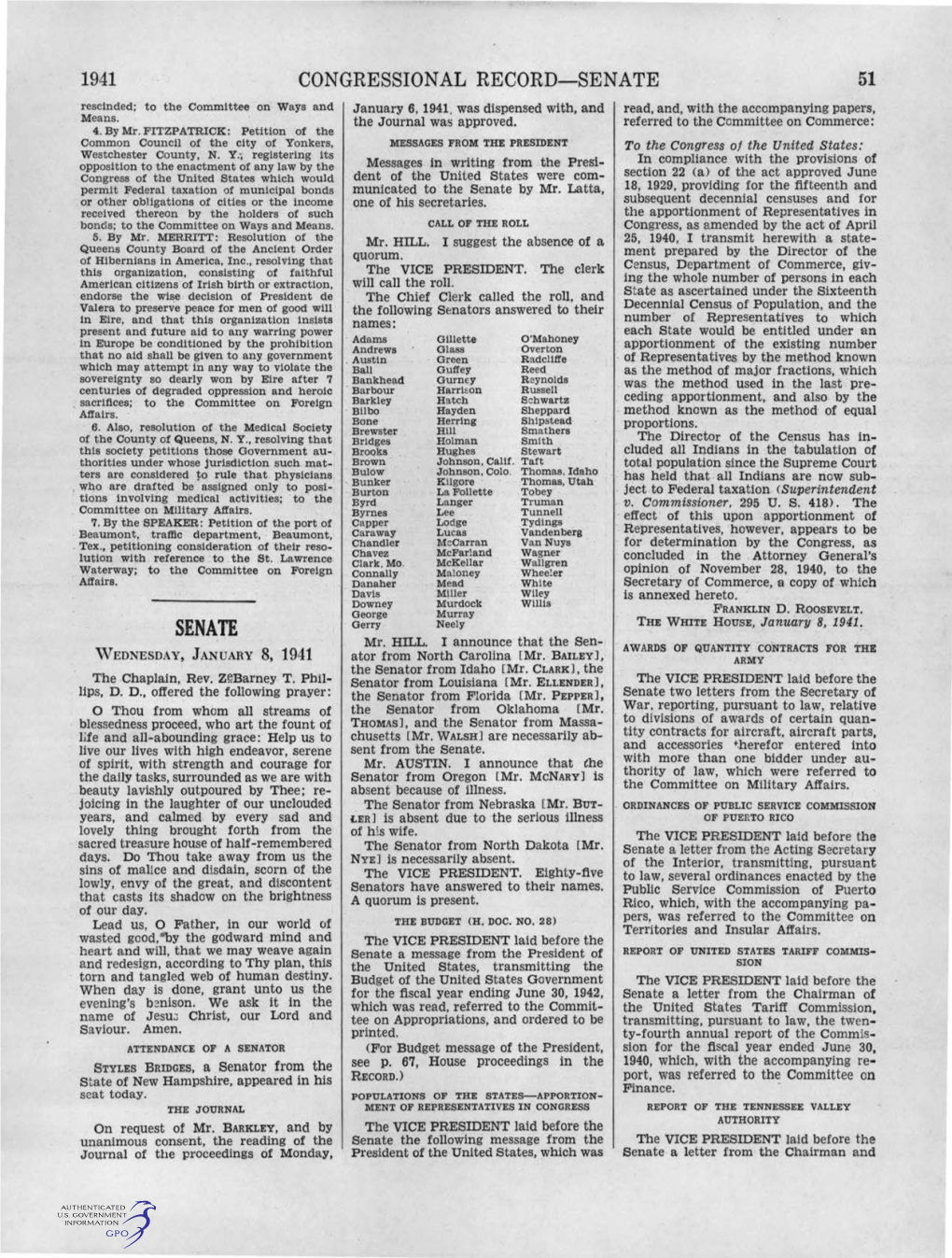 SENATE 51 Rescinded; to the Committee on Ways and January 6, 1941, Was Dispensed With, and Read, And, with the Accompanying Papers, Means