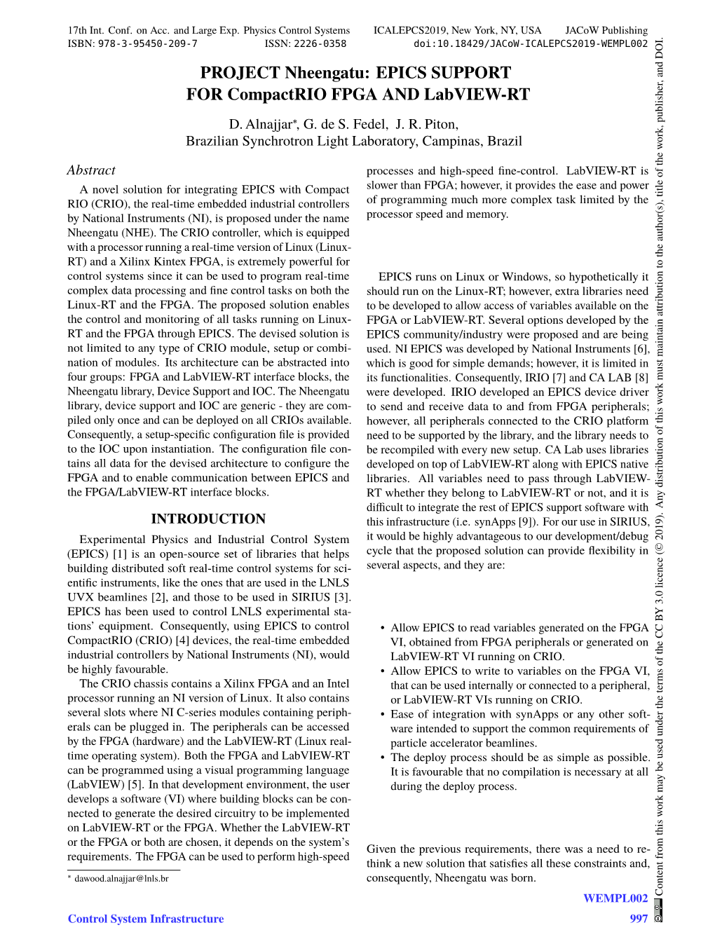 EPICS SUPPORT for Compactrio FPGA and Labview-RT D.Alnajjar ∗, G