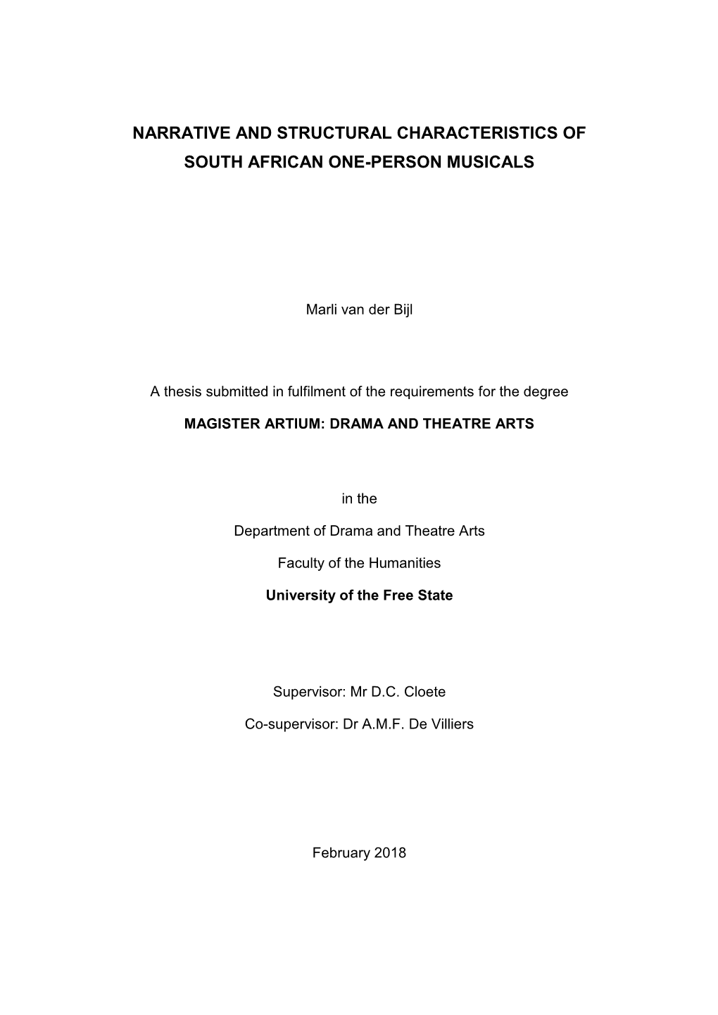 Narrative and Structural Characteristics of South African One-Person Musicals