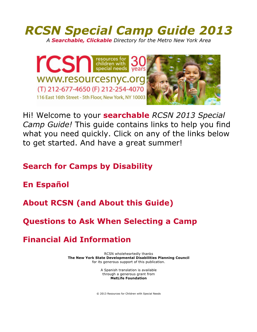 RCSN Special Camp Guide 2013 a Searchable, Clickable Directory for the Metro New York Area