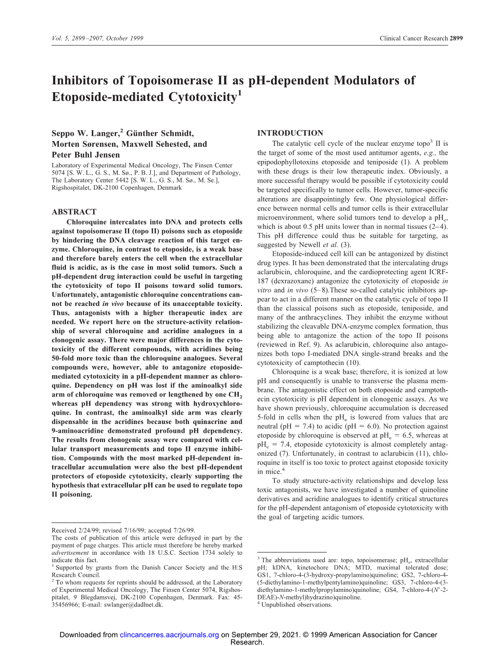 Inhibitors of Topoisomerase II As Ph-Dependent Modulators of Etoposide-Mediated Cytotoxicity1