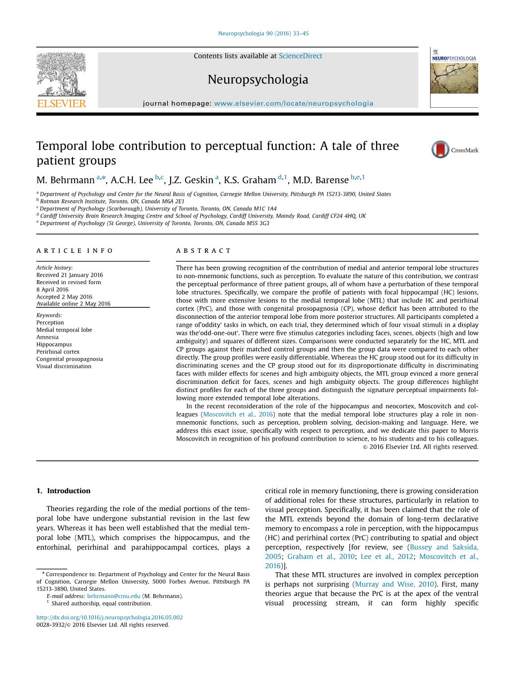 Temporal Lobe Contribution to Perceptual Function: a Tale of Three Patient Groups