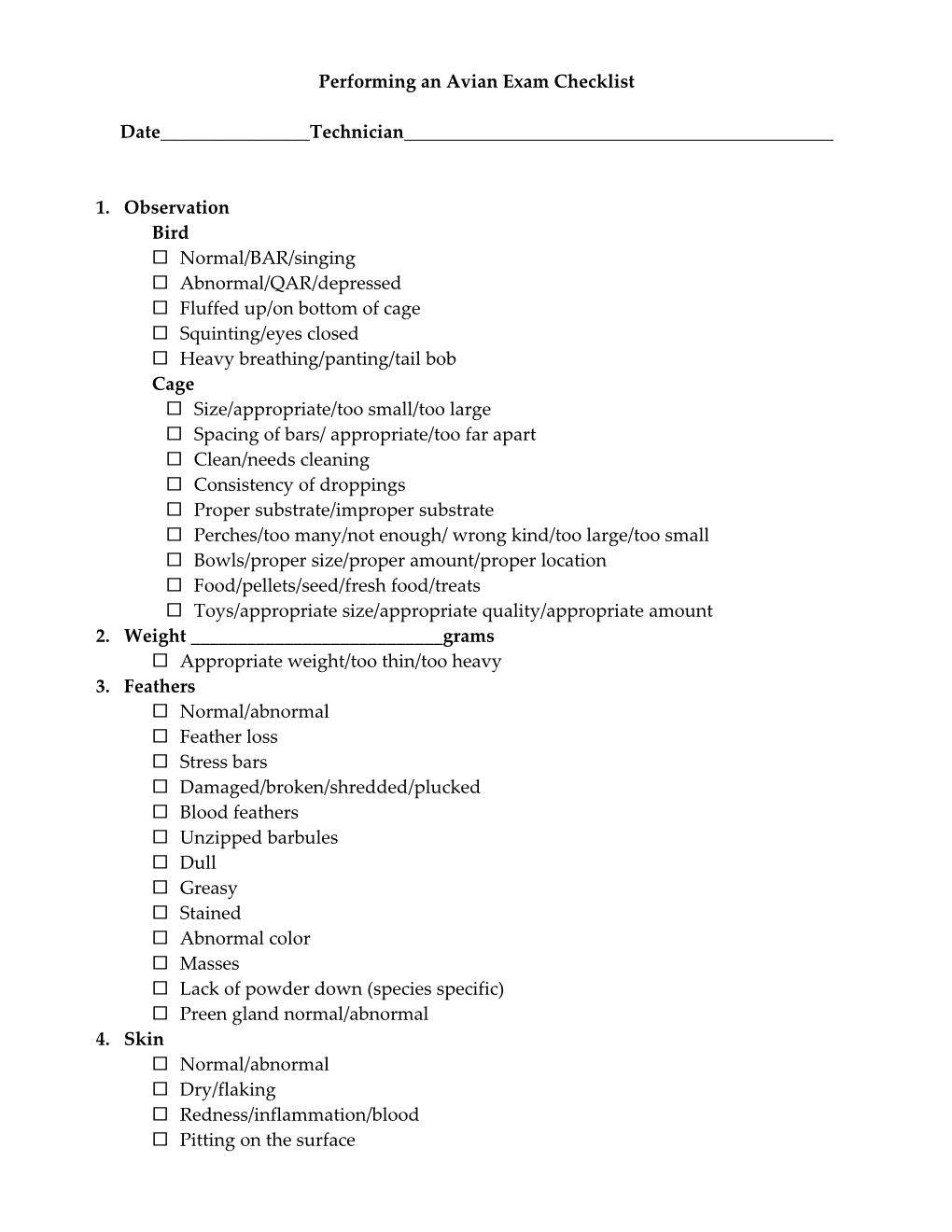 Performing an Avian Exam Checklist