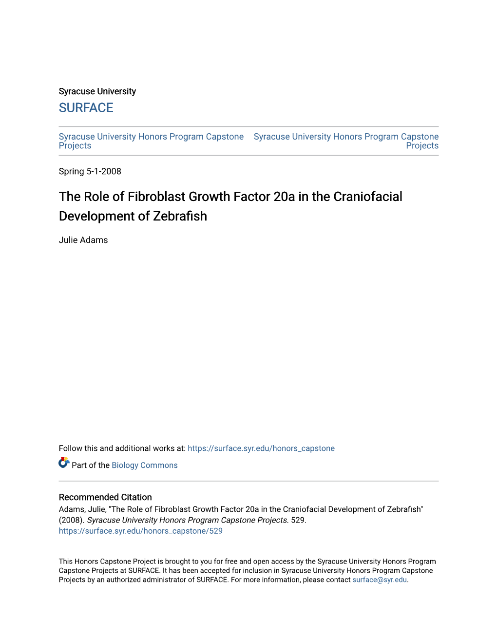 The Role of Fibroblast Growth Factor 20A in the Craniofacial Development of Zebrafish