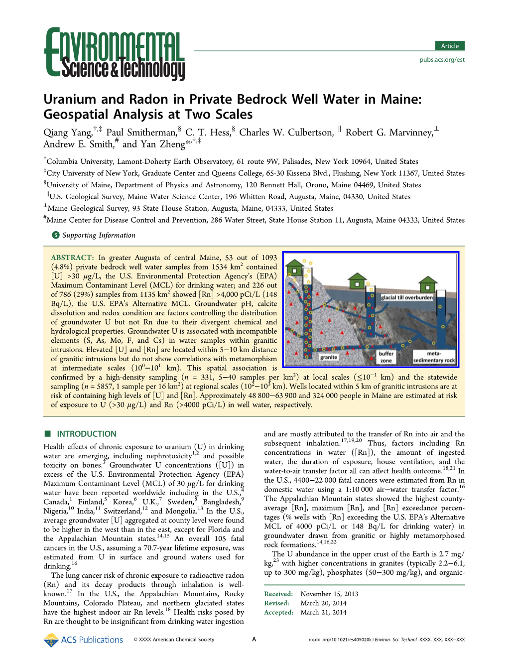Uranium and Radon in Private Bedrock Well Water in Maine: Geospatial Analysis at Two Scales † ‡ § § ∥ ⊥ Qiang Yang, , Paul Smitherman, C
