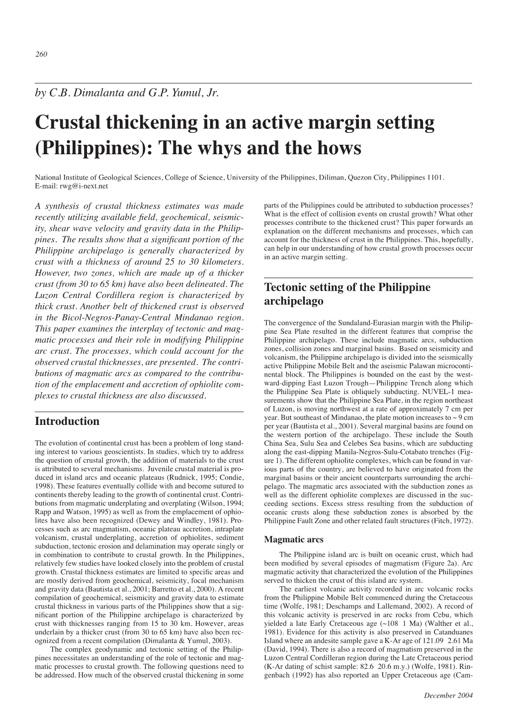 Crustal Thickening in an Active Margin Setting (Philippines): the Whys and the Hows