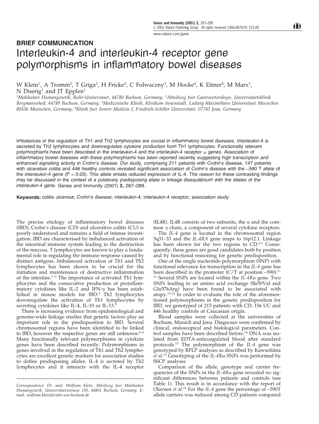 Interleukin-4 and Interleukin-4 Receptor Gene Polymorphisms in Inﬂammatory Bowel Diseases