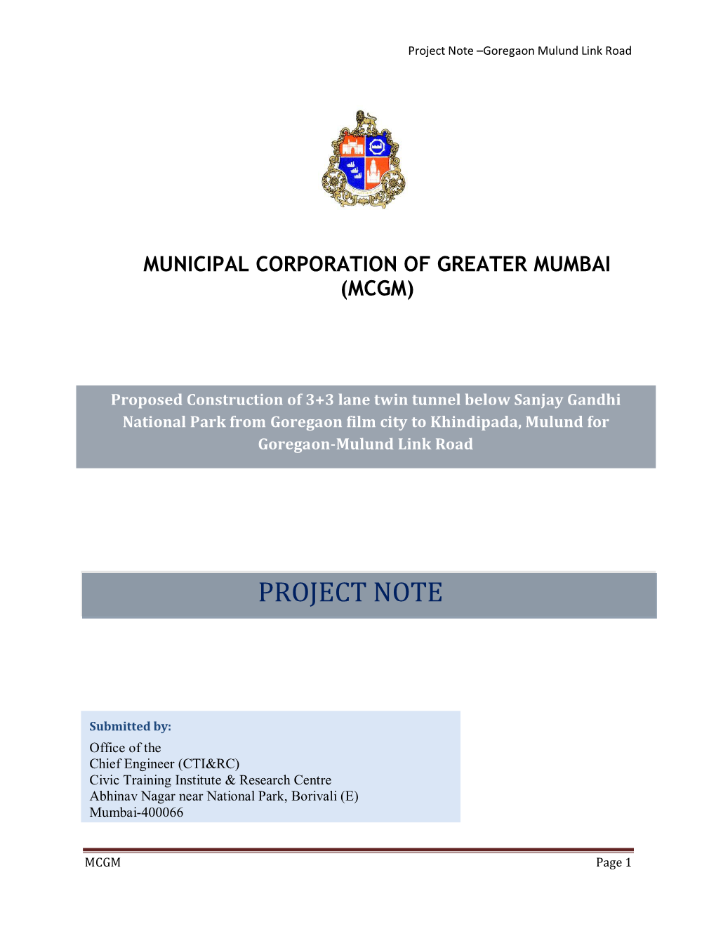 Project Note –Goregaon Mulund Link Road