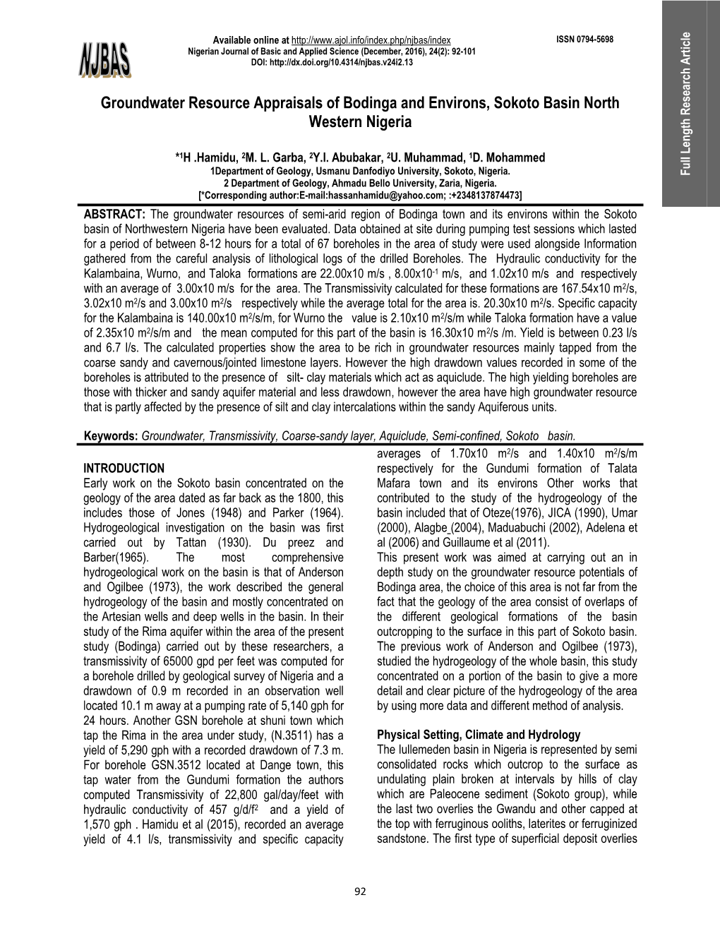 Groundwater Resource Appraisals of Bodinga and Environs, Sokoto Basin North Western Nigeria