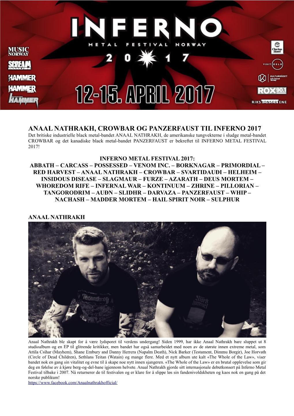 Anaal Nathrakh, Crowbar Og Panzerfaust Til Inferno 2017