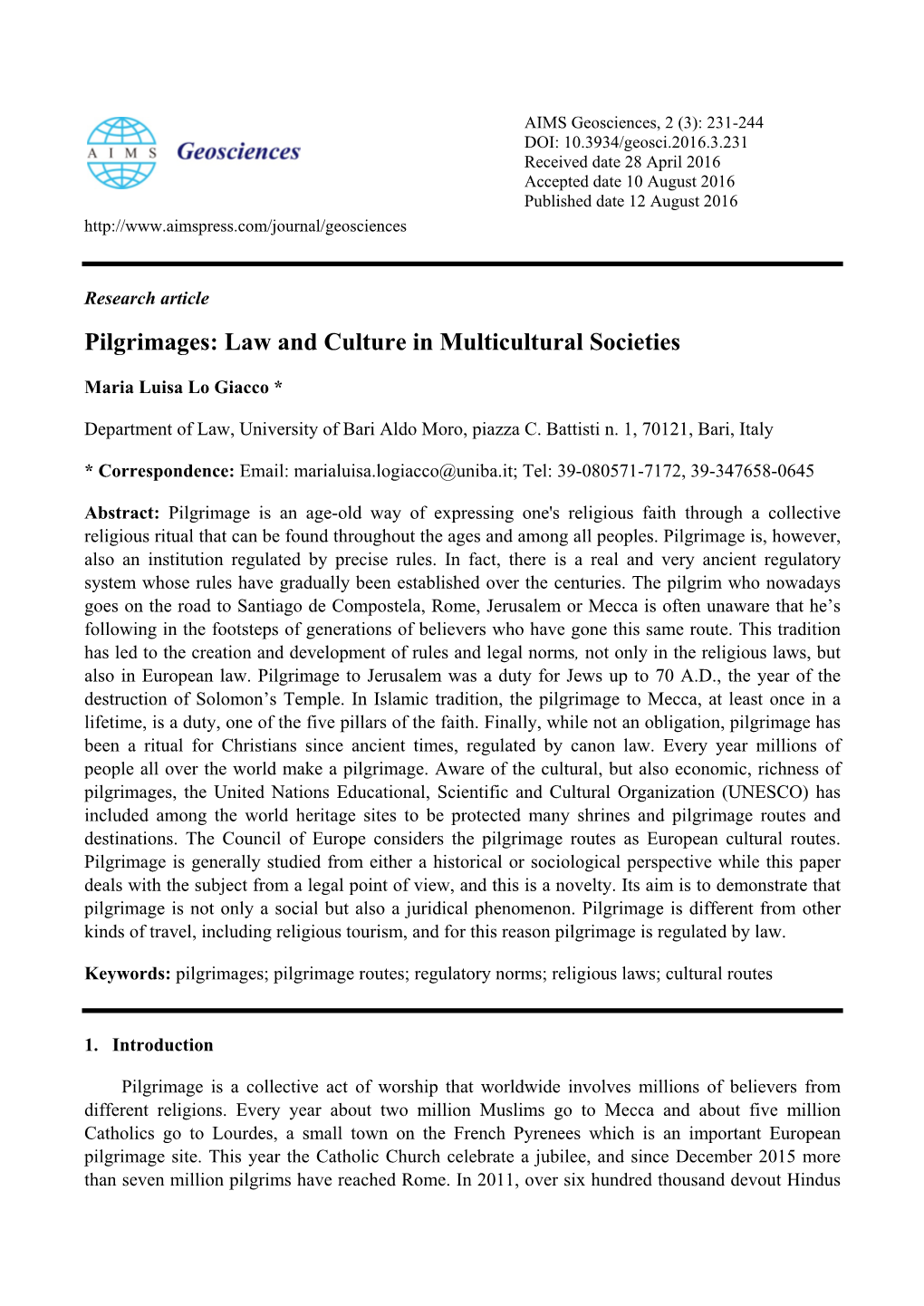 Pilgrimages: Law and Culture in Multicultural Societies