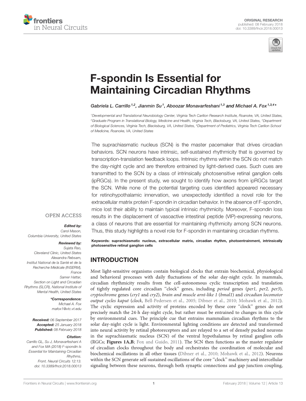 F-Spondin Is Essential for Maintaining Circadian Rhythms