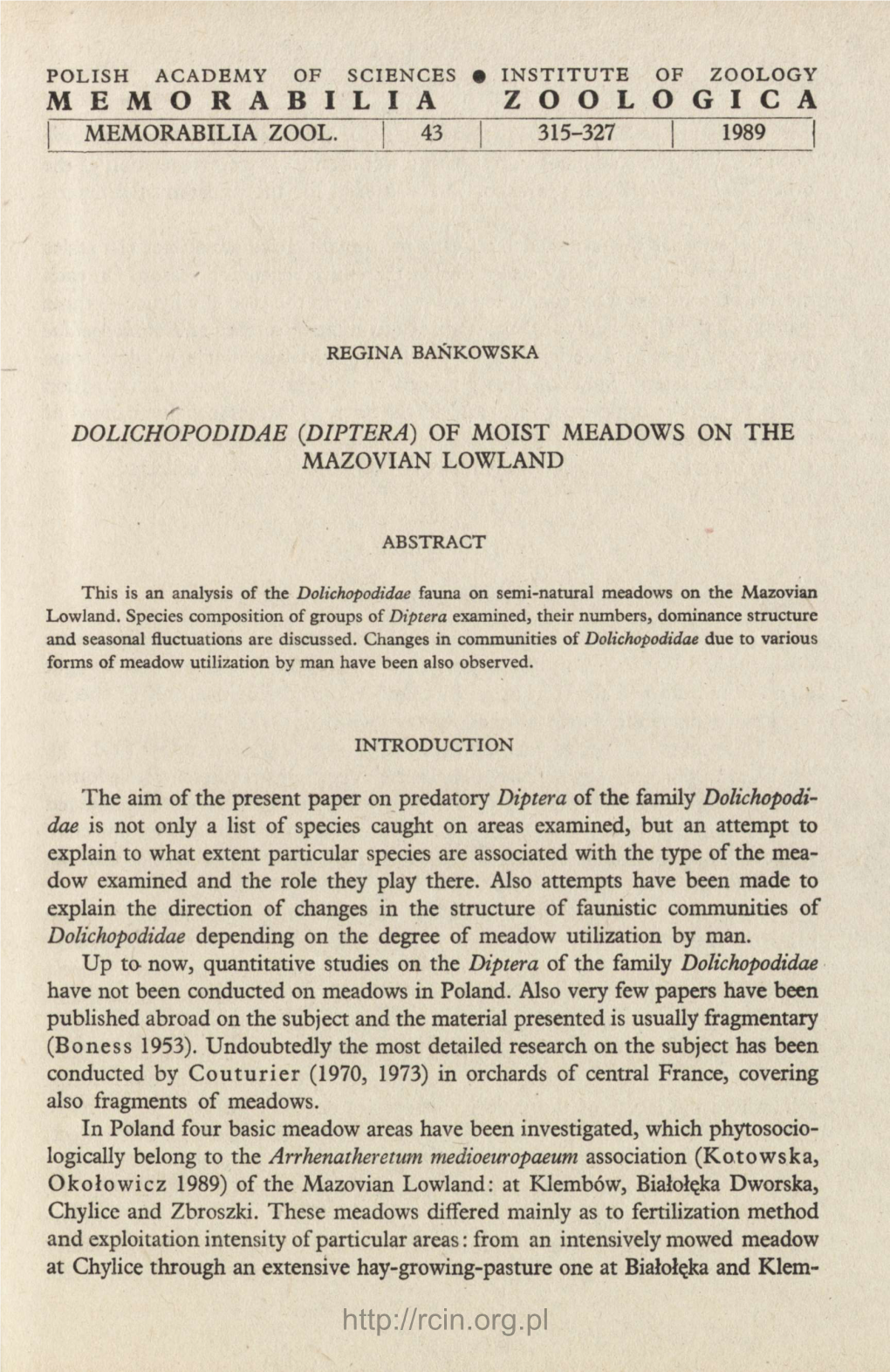 Dolichopodidae (Diptera) of Moist Meadows on the Mazovian Lowland