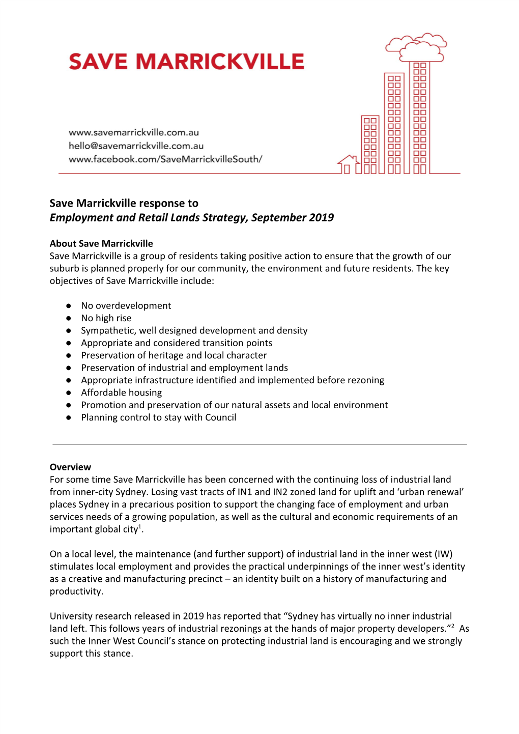 Save Marrickville Response to Employment and Retail Lands Strategy, September 2019