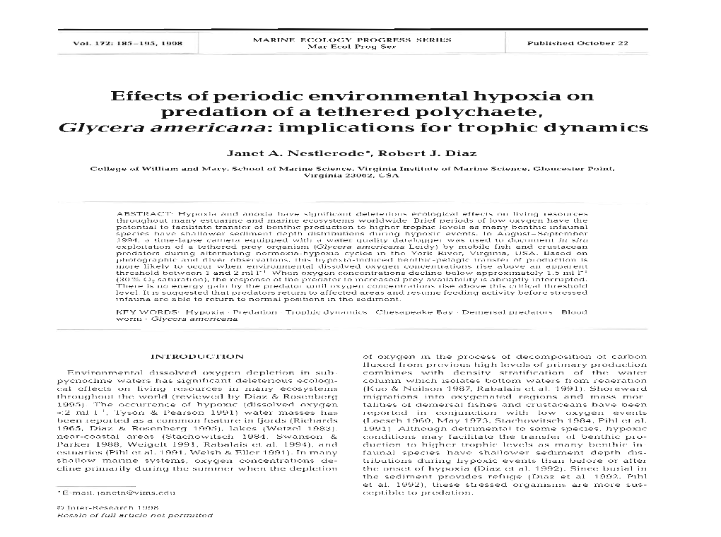 Effects of Periodic Environmental Hypoxia on Predation of a Tethered Polychaete, Glycera Americana:Implications for Trophic Dynamics