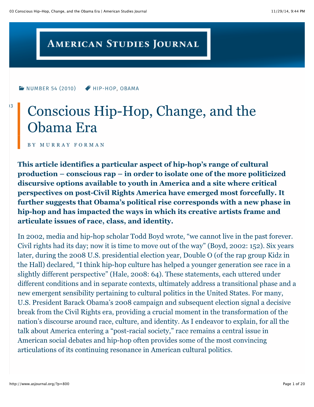 03 Conscious Hip-Hop, Change, and the Obama Era | American Studies Journal 11/29/14, 9:44 PM