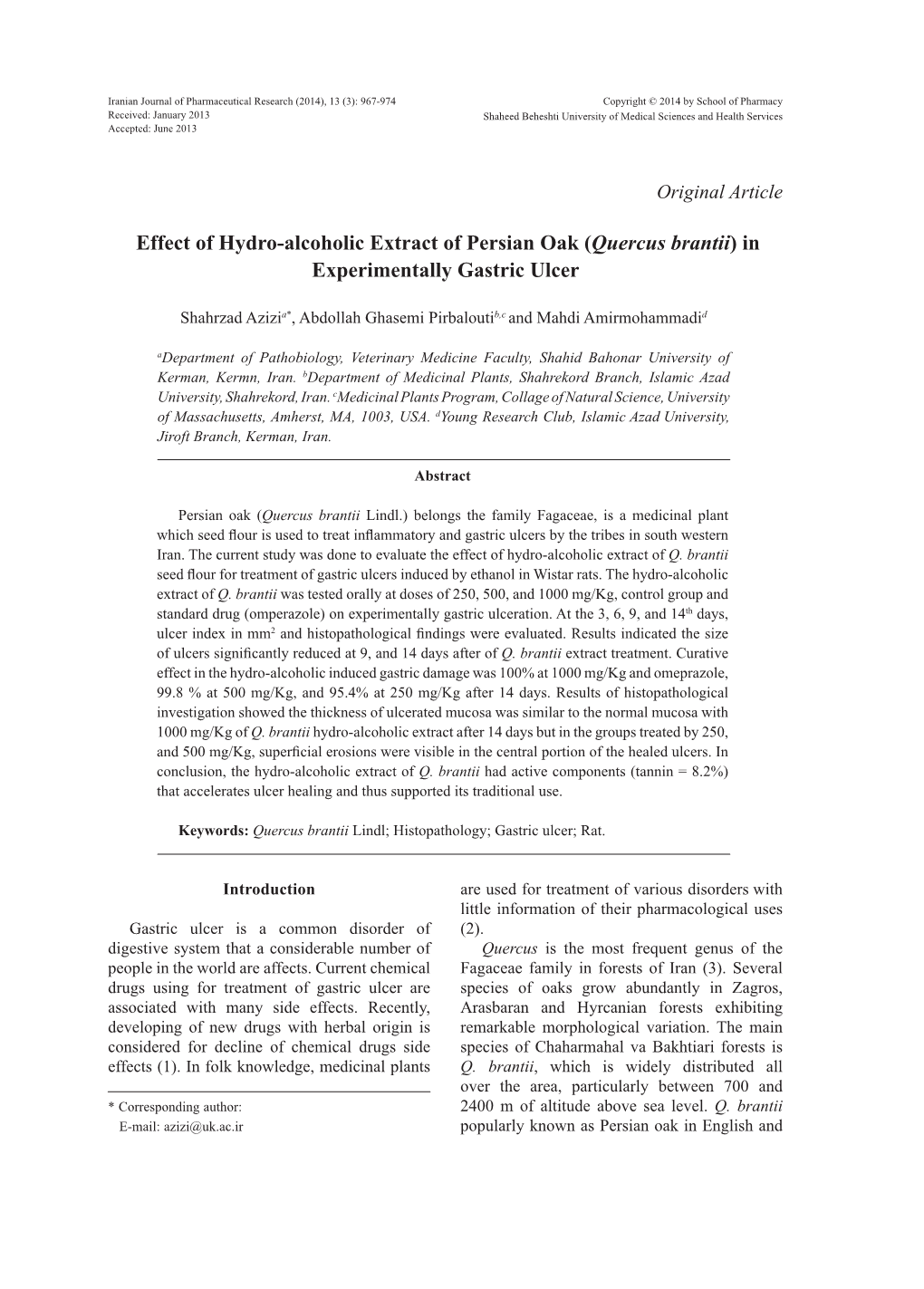 Effect of Hydro-Alcoholic Extract of Persian Oak (Quercus Brantii ) In