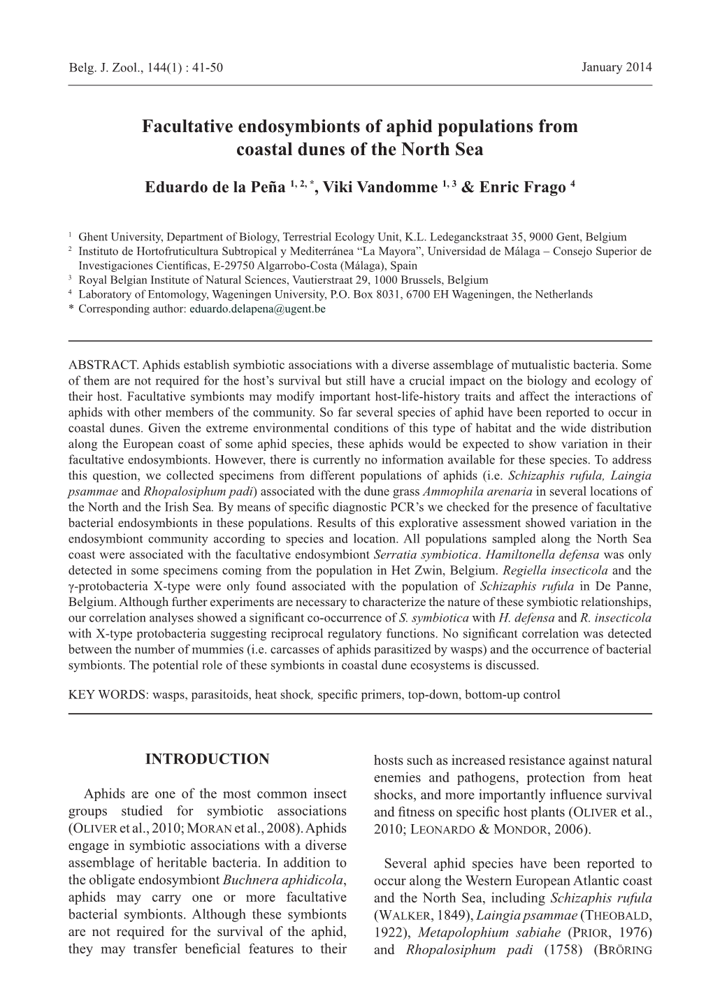 Facultative Endosymbionts of Aphid Populations from Coastal Dunes of the North Sea