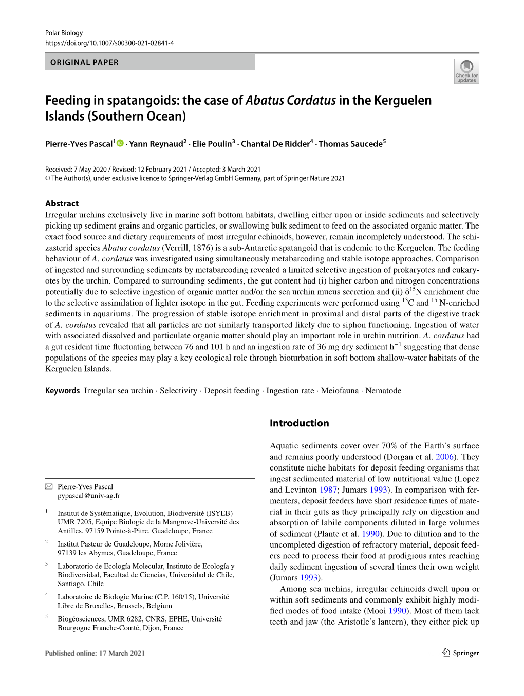 The Case of Abatus Cordatus in the Kerguelen Islands (Southern Ocean)