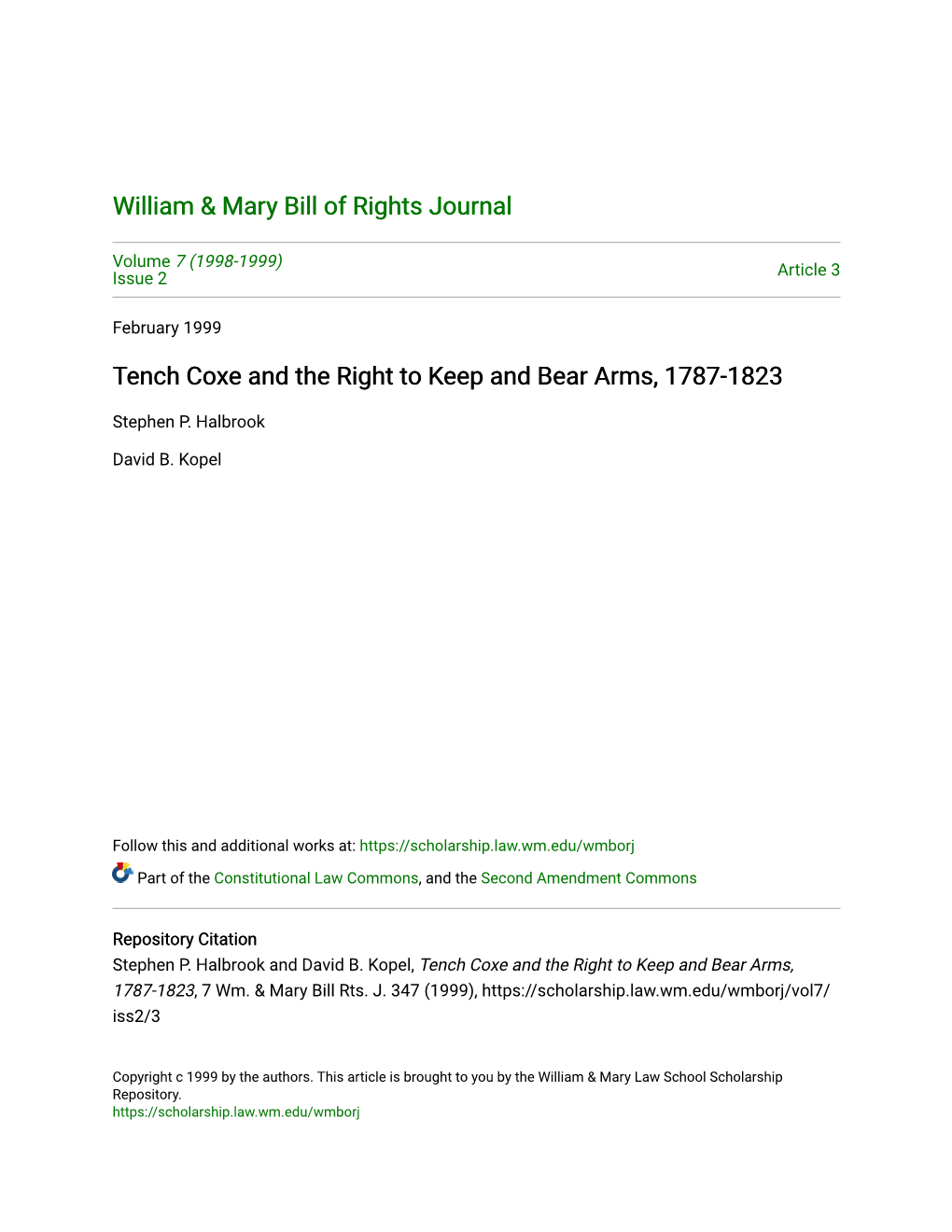 Tench Coxe and the Right to Keep and Bear Arms, 1787-1823