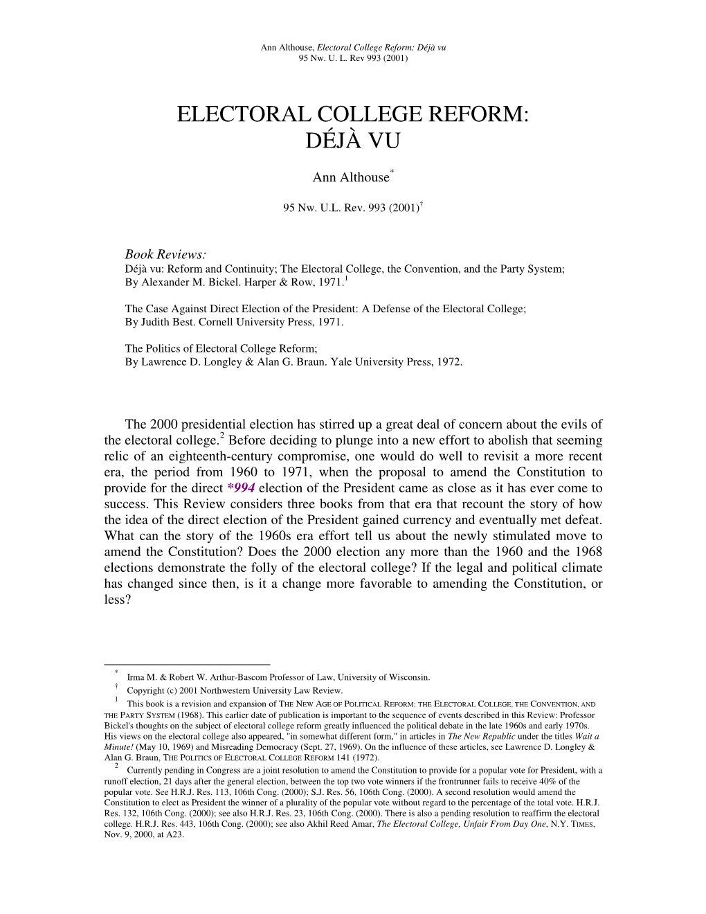 Electoral College Reform: Déjà Vu 95 Nw