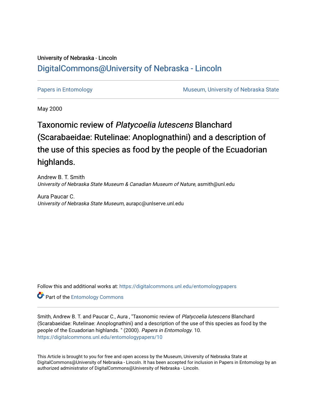 Scarabaeidae: Rutelinae: Anoplognathini) and a Description of the Use of This Species As Food by the People of the Ecuadorian Highlands