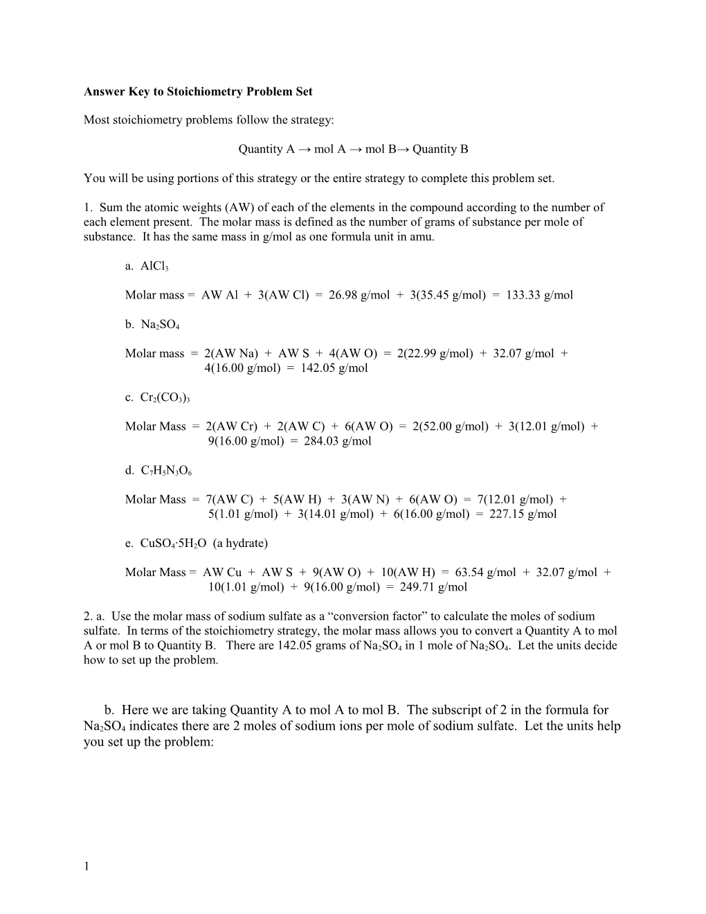 Answer Key to Stoichiometry Problem Set