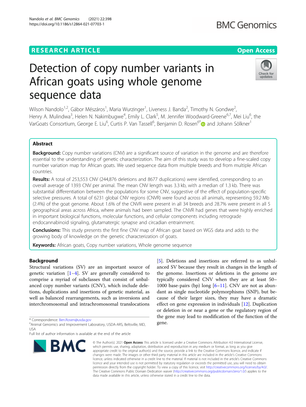 Detection of Copy Number Variants in African Goats Using Whole Genome Sequence Data Wilson Nandolo1,2, Gábor Mészáros1, Maria Wurzinger1, Liveness J