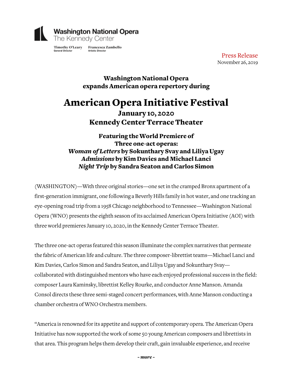 WNO Presents 2017 American Opera Initiative Festival