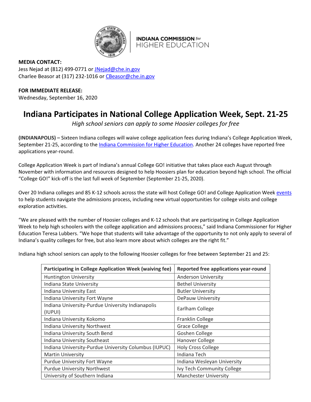 Indiana Participates in National College Application Week, Sept. 21-25 High School Seniors Can Apply to Some Hoosier Colleges for Free