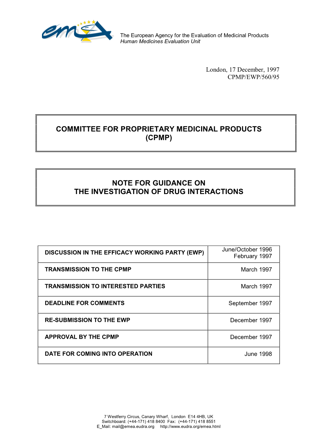 (Cpmp) Note for Guidance on the Investigation of Drug Interactions