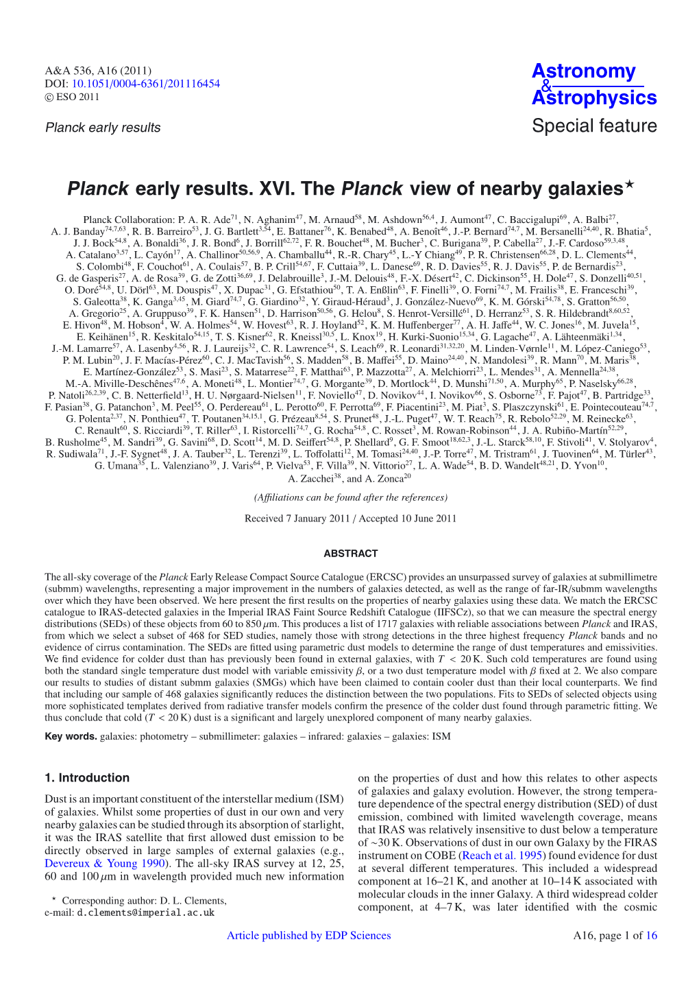 Planck Early Results. XVI. the Planck View of Nearby Galaxies⋆