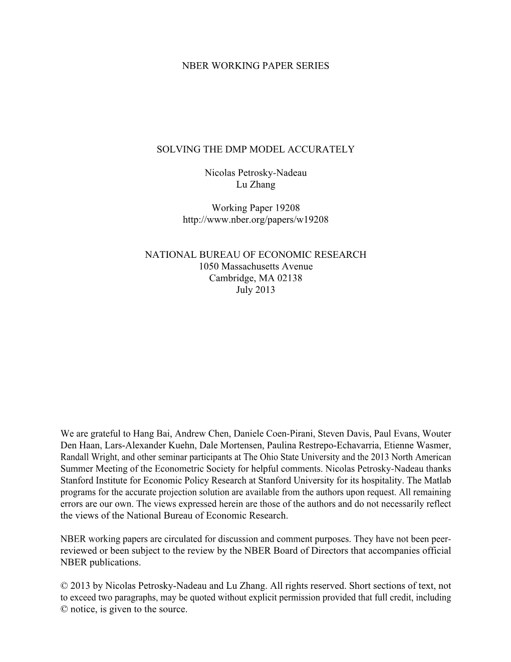 Nber Working Paper Series Solving the Dmp Model