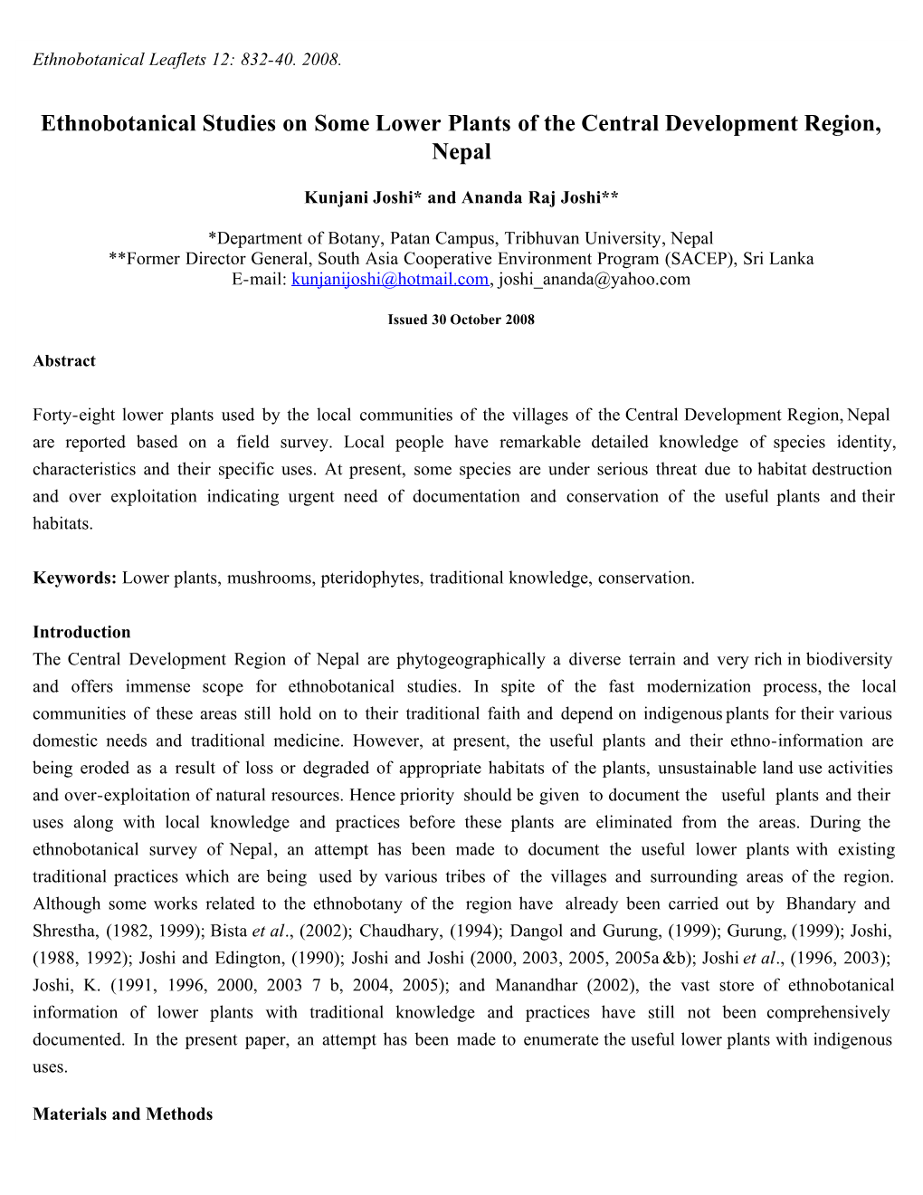 Ethnobotanical Studies on Some Lower Plants of the Central Development Region, Nepal