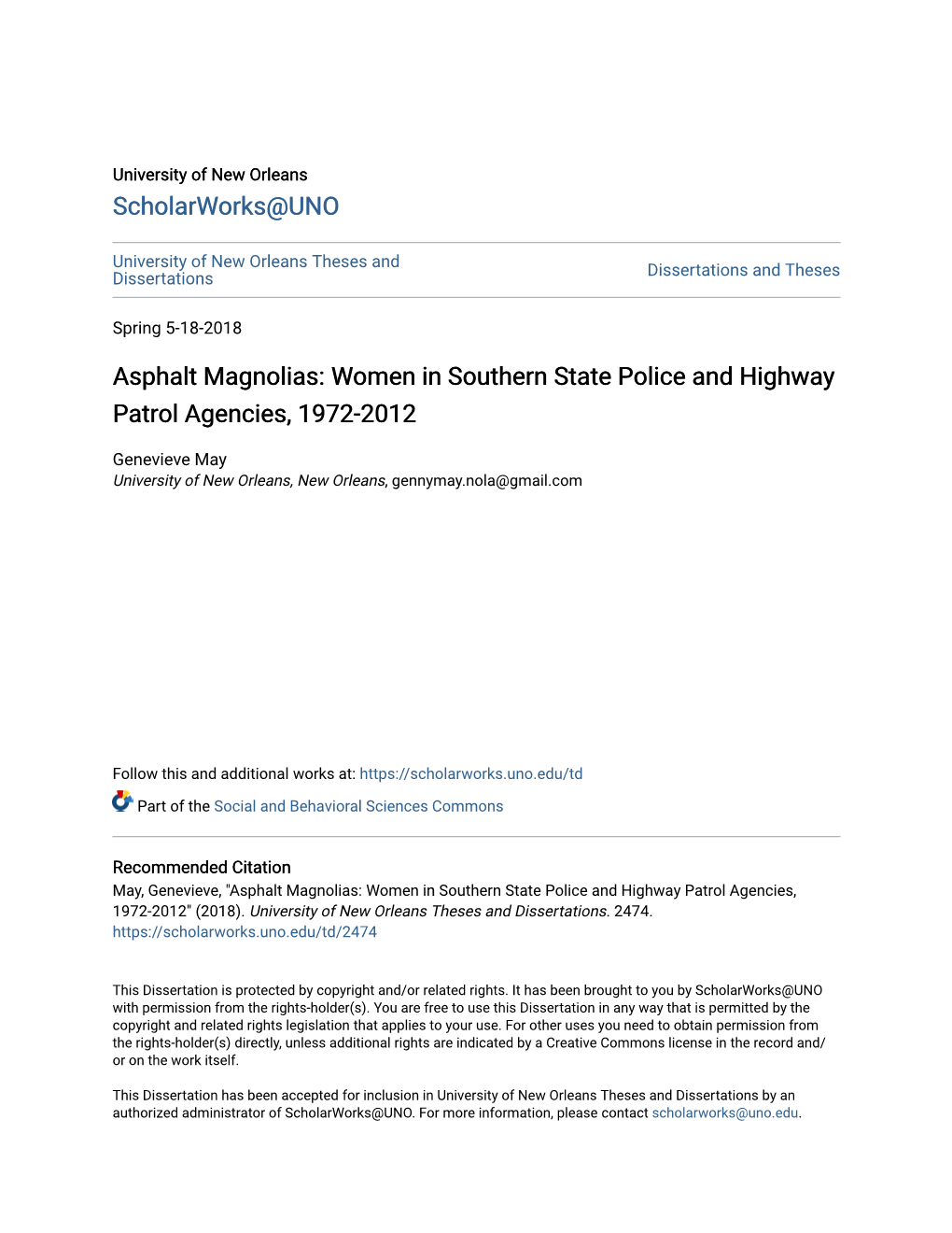 Women in Southern State Police and Highway Patrol Agencies, 1972-2012
