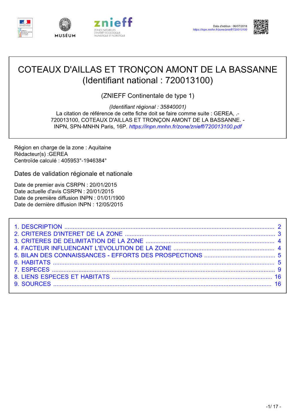 COTEAUX D'aillas ET TRONÇON AMONT DE LA BASSANNE (Identifiant National : 720013100)