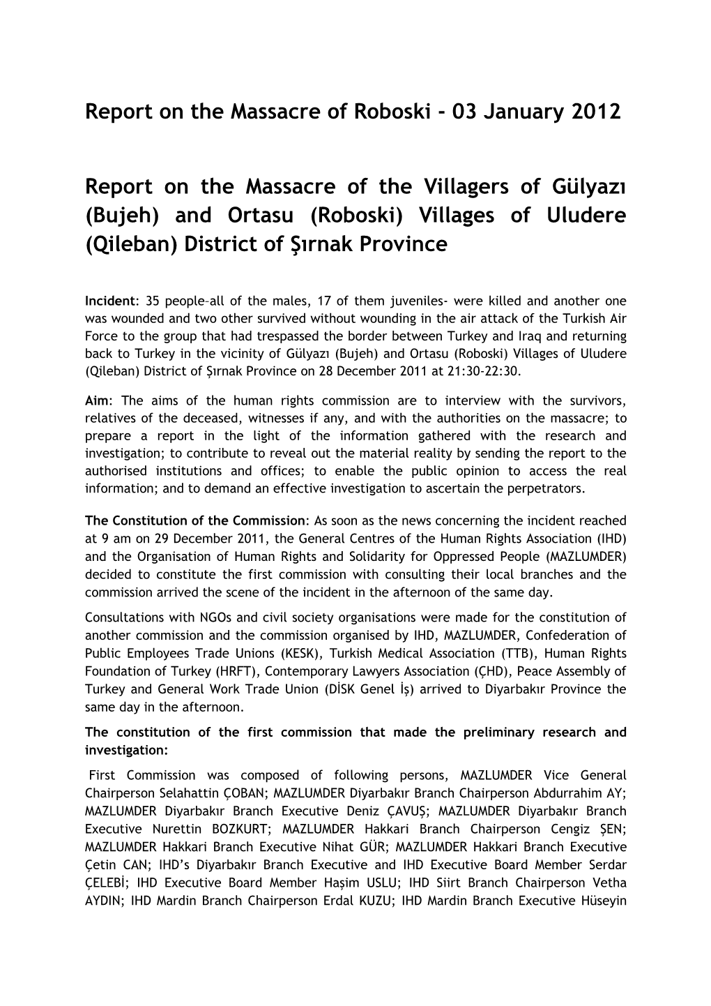 Report on the Massacre of Roboski - 03 January 2012