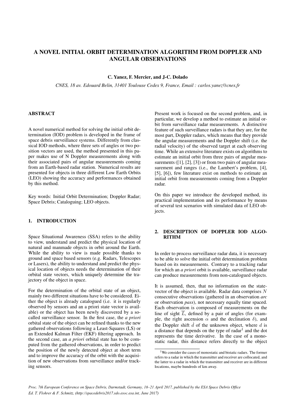 A Novel Initial Orbit Determination Algorithm from Doppler and Angular Observations