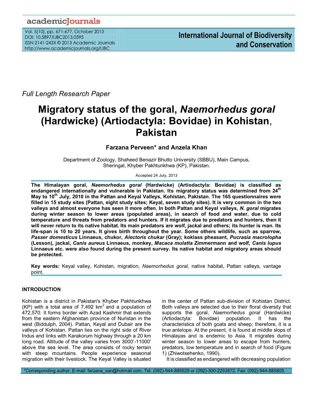 Migratory Status of the Goral, Naemorhedus Goral (Hardwicke) (Artiodactyla: Bovidae) in Kohistan, Pakistan