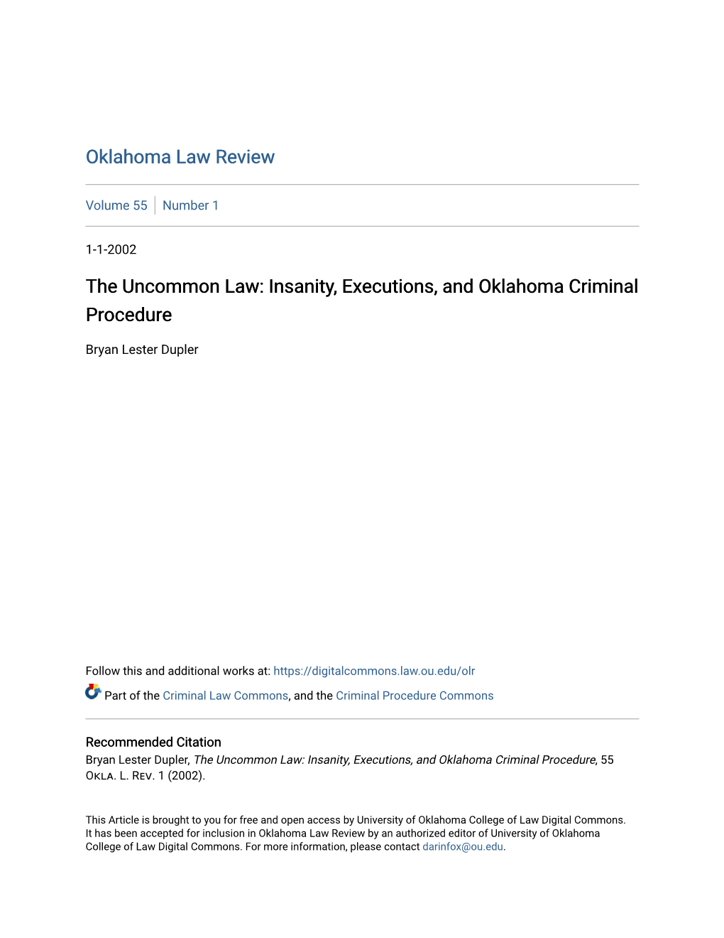 Insanity, Executions, and Oklahoma Criminal Procedure