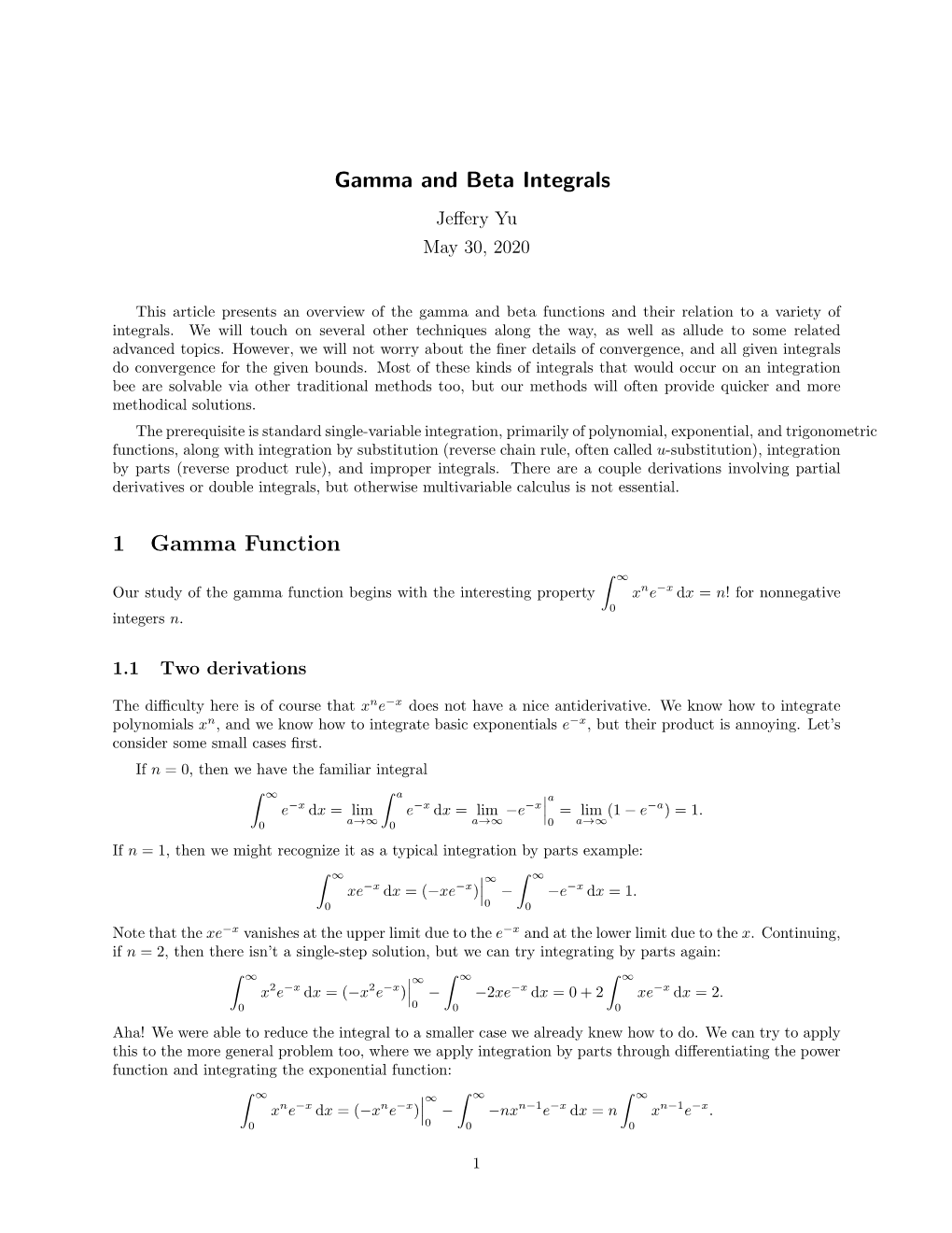 Gamma and Beta Integrals 1 Gamma Function