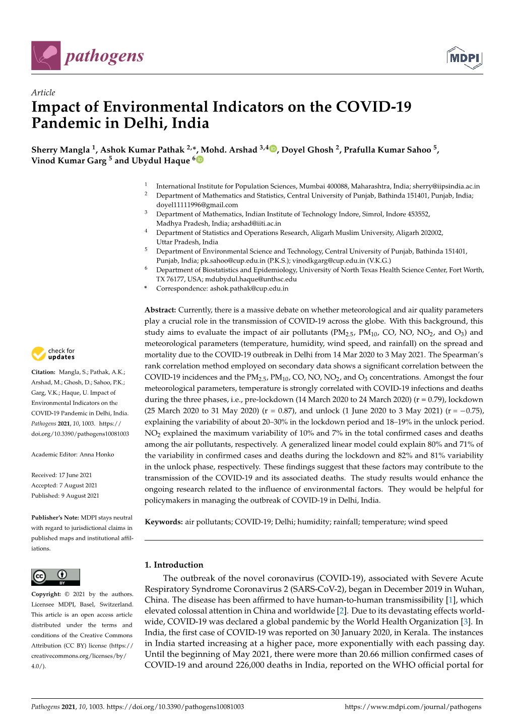 Impact of Environmental Indicators on the COVID-19 Pandemic in Delhi, India