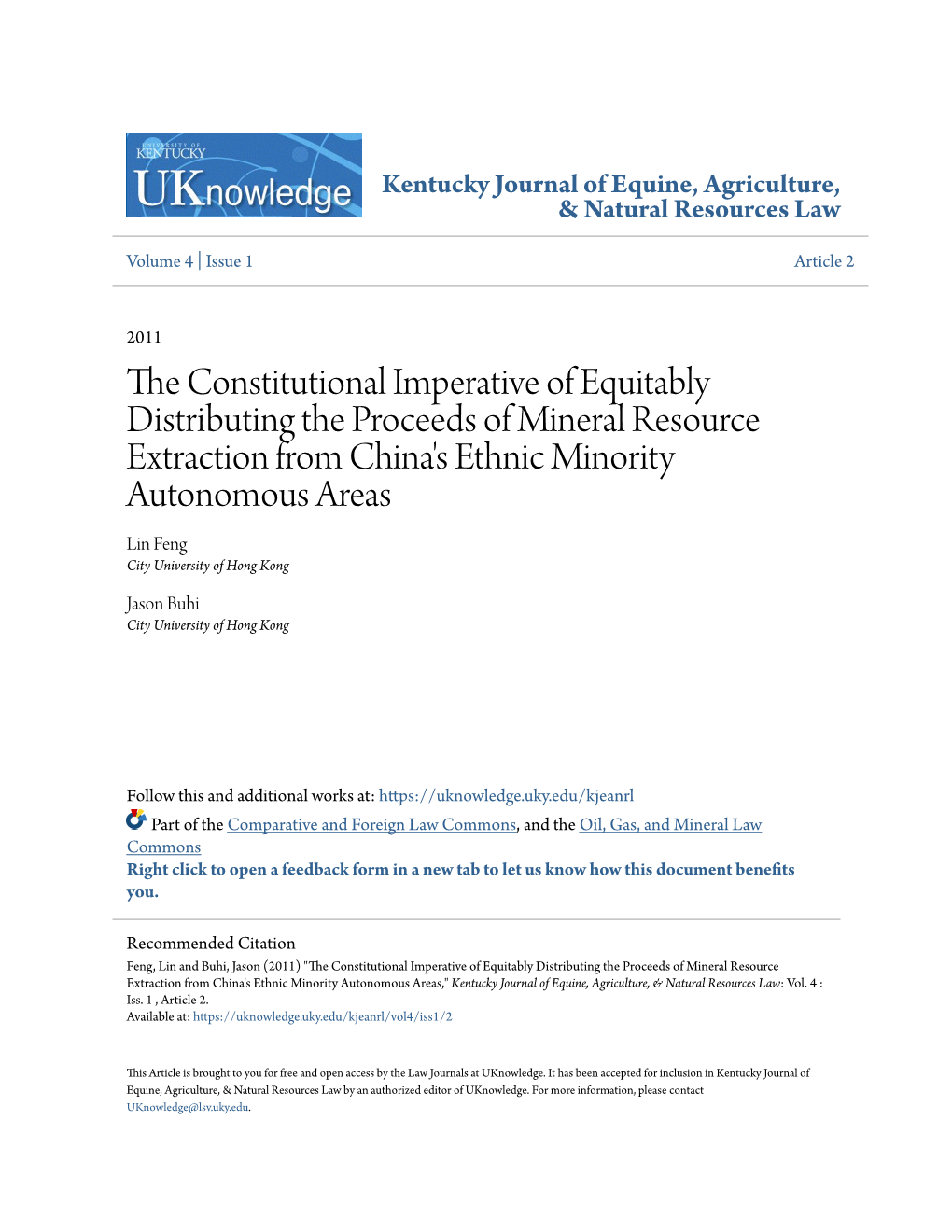 The Constitutional Imperative of Equitably Distributing the Proceeds of Mineral Resource Extraction from China's Ethnic Minority Autonomous Areas