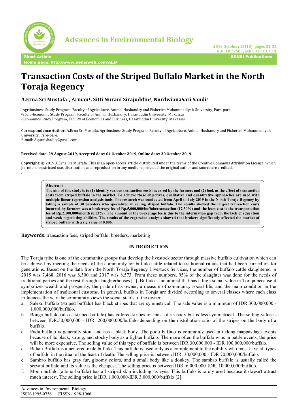 Transaction Costs of the Striped Buffalo Market in the North Toraja Regency