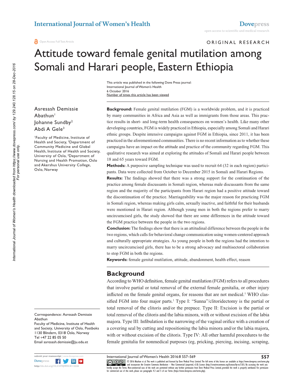 Attitude Toward Female Genital Mutilation Among Somali and Harari People, Eastern Ethiopia