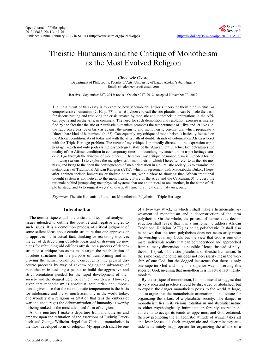 Theistic Humanism and the Critique of Monotheism As the Most Evolved Religion