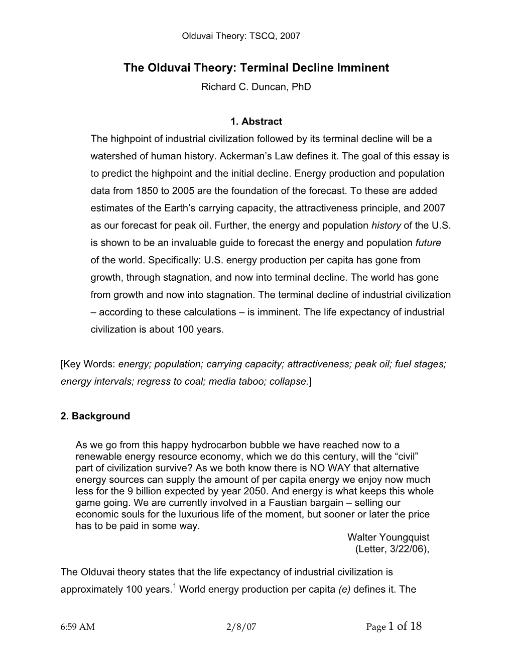 Of 18 the Olduvai Theory: Terminal Decline Imminent