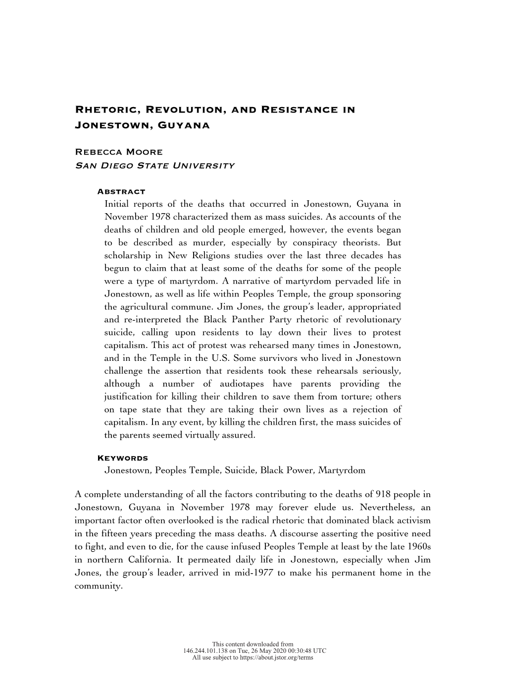 Rhetoric, Revolution, and Resistance in Jonestown, Guyana